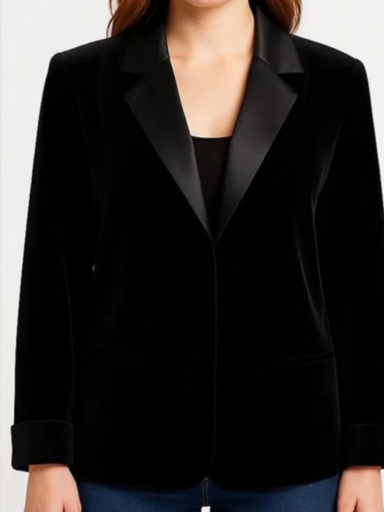 Coldwater Creek Jackets & Blazers - Coldwater Creek Black Velvet Satin Lapels Open Front Jacket size M